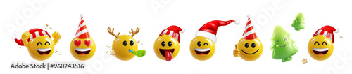 Set of smileys with party hat, isolated on white.
