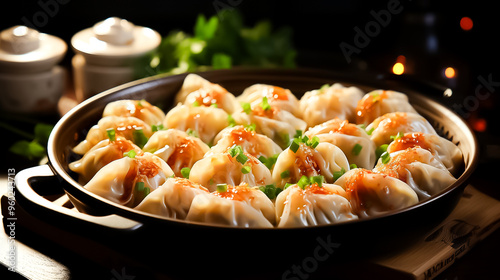 A pan of dumplings with a container of sauce and a container of parsley, pasta with shrimps, pasta with shrimp, pasta with sauce