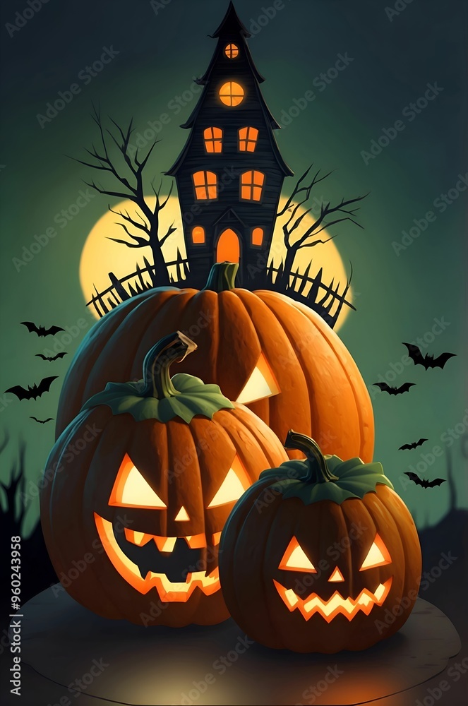 Stylized Halloween-themed illustration featuring three carved pumpkins with menacing faces in the foreground Stylized Halloween-themed illustration featuring three carved pumpkins with menacing faces in the foreground