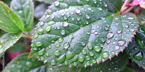 Dew-covered leaf glistening in the morning light. photo