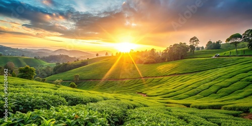 Sunrise over lush green tea fields in the hills.