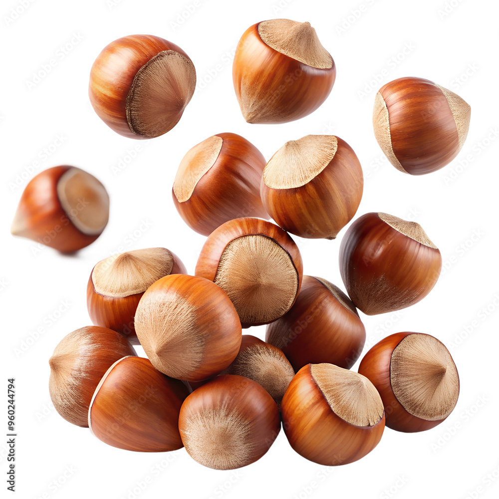 Falling hazelnuts isolated on transparent background Falling hazelnuts isolated on transparent background
