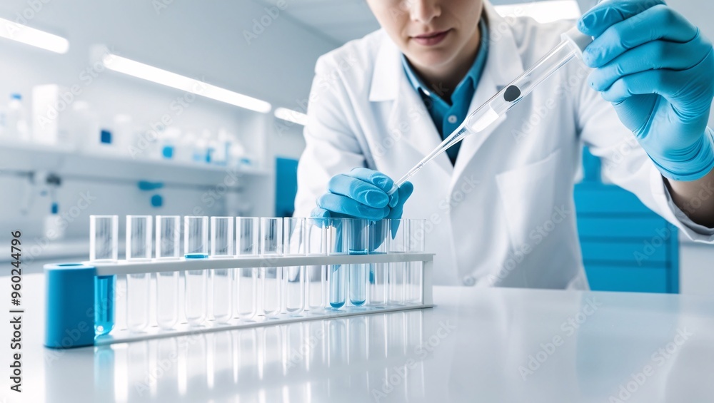 Scientist using a pipette to transfer liquid into test tubes in a laboratory setting. Scientist using a pipette to transfer liquid into test tubes in a laboratory setting.