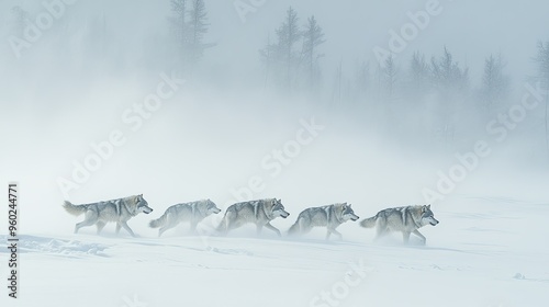 A wolf pack hunting in the snow-covered landscape of Yellowstone during winter. photo