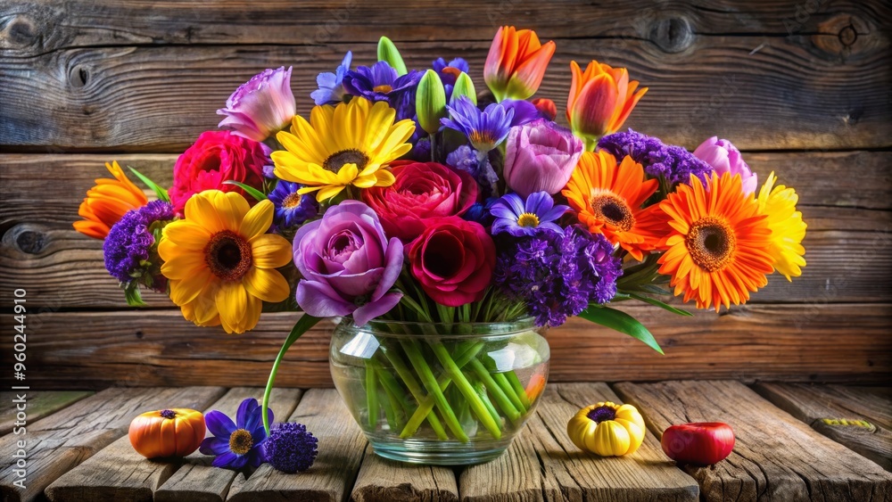 Obraz premium A vibrant bouquet of mixed flowers in a glass vase, perfect for adding color and life to any setting.