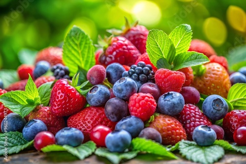 A vibrant display of fresh mixed berries topped with green mint leaves, perfect for healthy recipes and summer treats.