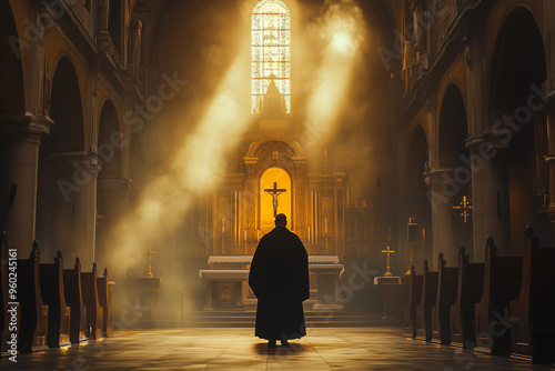 Photo of the back of the priest standing and praying for blessings in the church