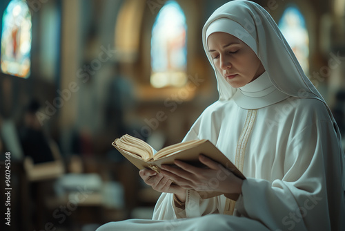 Portrait of a nun studying in a church