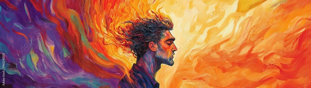 A vibrant portrait of a contemplative man surrounded by swirling colors, symbolizing creativity and emotion. A vibrant portrait of a contemplative man surrounded by swirling colors, symbolizing creativity and emotion.