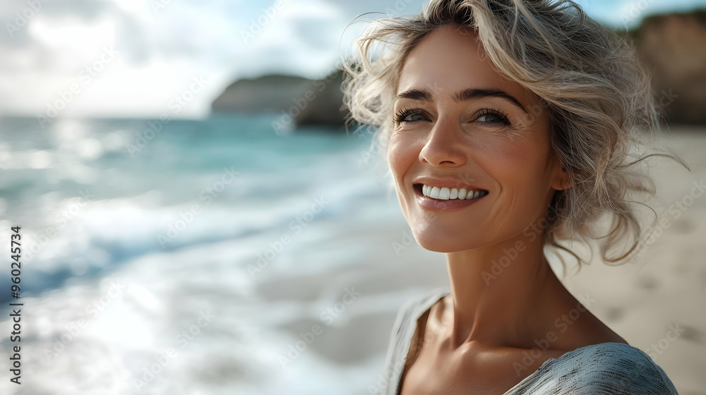 A smiling woman enjoying the beach and ocean view. A smiling woman enjoying the beach and ocean view.