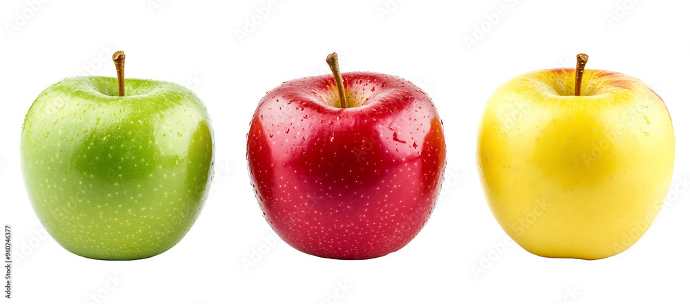 Three apples, red, green, and yellow, on a transparent background Three apples, red, green, and yellow, on a transparent background