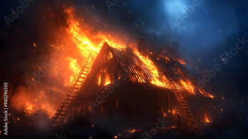 A night-time blaze consuming a residential home, firefighters using ladders in a rescue attempt, glowing firelight contrasting with the dark surroundings, digital painting, dramatic composition photo