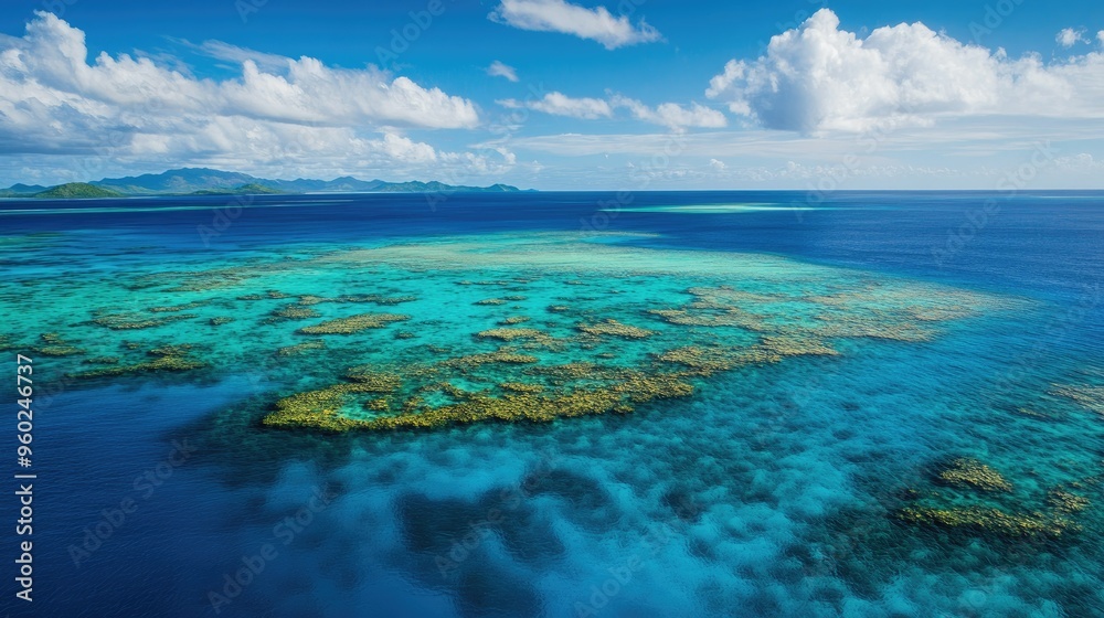 Obraz premium Aerial view of a coral reef surrounding one of the Mamanuca Islands.