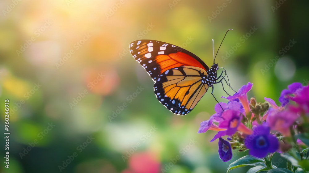 A single butterfly in focus with a blurred garden background, highlighting its vivid colors A single butterfly in focus with a blurred garden background, highlighting its vivid colors
