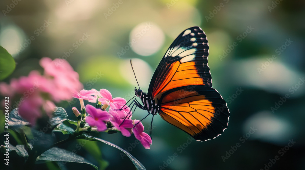 Obraz premium A single butterfly in focus with a blurred garden background, highlighting its vivid colors