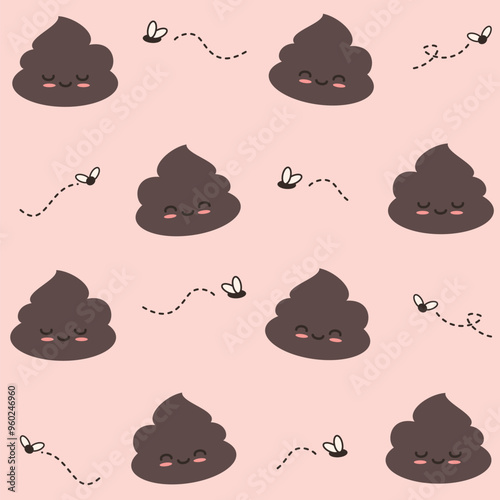 cute hand drawn cartoon character poo with flies funny seamless vector pattern illustration on pink background