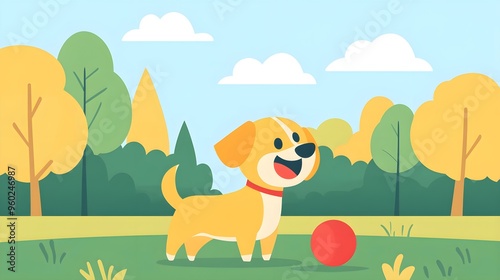 Flat design of a dog playing with a ball in a park