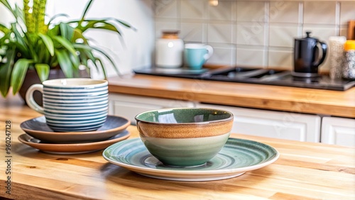 Kitchen countertop with stacked ceramic dishes.