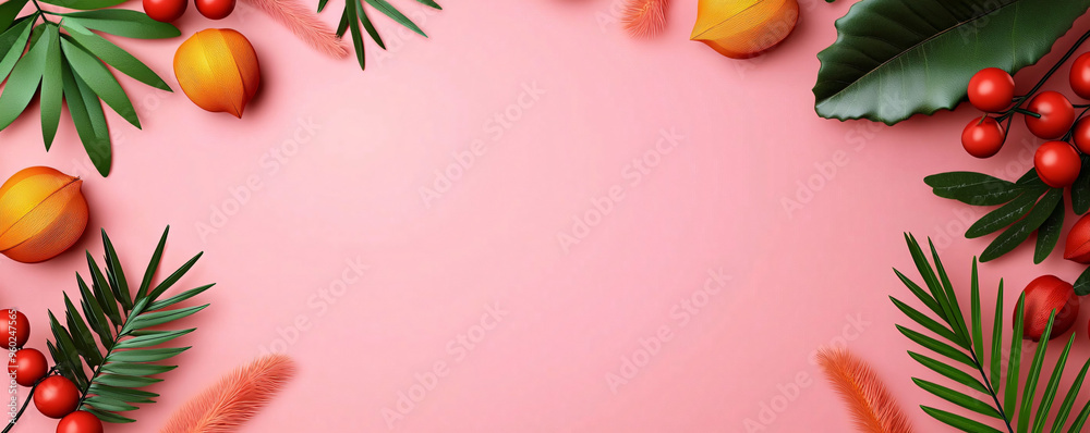 Autumn colored frame of nature elements with soft pink background, featuring vibrant leaves, fruits, and decorative accents, creating warm and inviting atmosphere.