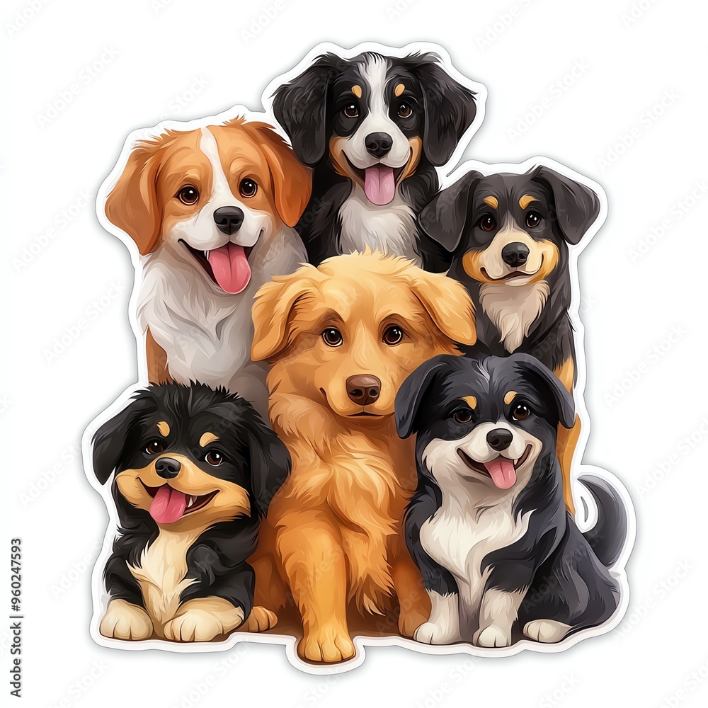 A cheerful group of six playful dogs showcasing various breeds and personalities, perfect for pet lovers and dog enthusiasts. A cheerful group of six playful dogs showcasing various breeds and personalities, perfect for pet lovers and dog enthusiasts.