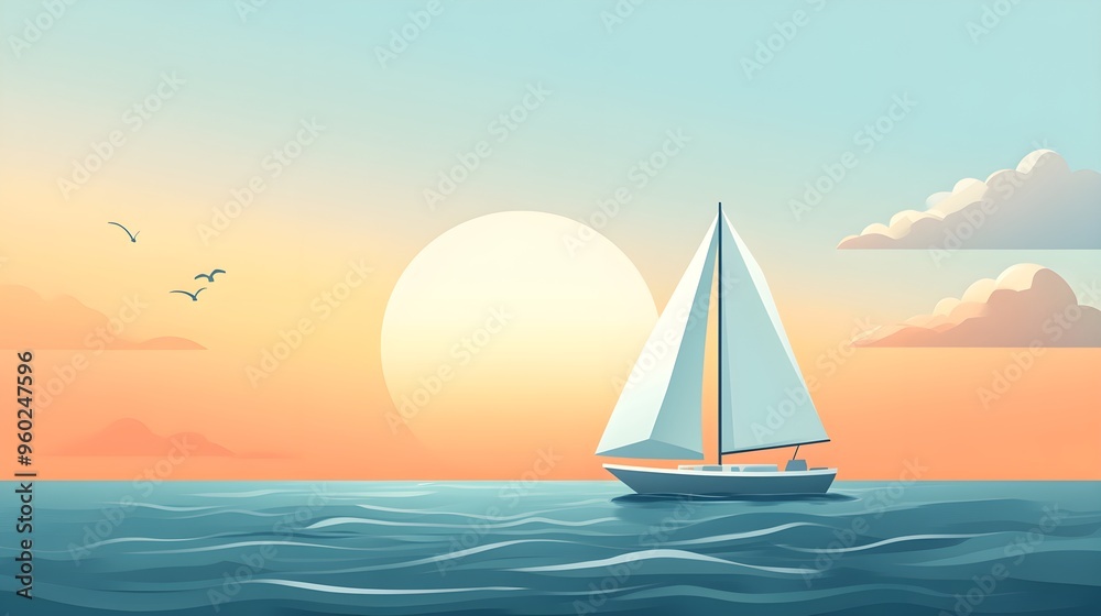 Fototapeta premium A flat design of a sailboat on the ocean with a simple background