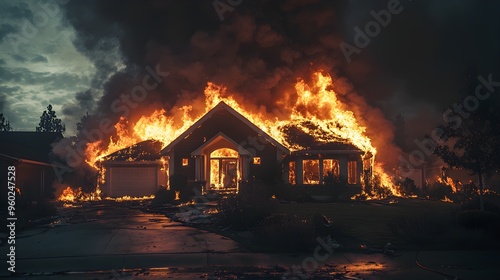 A suburban house engulfed in flames during a violent windstorm at night, embers swirling in the wind, eerie glow against the dark sky, for insurance documentation