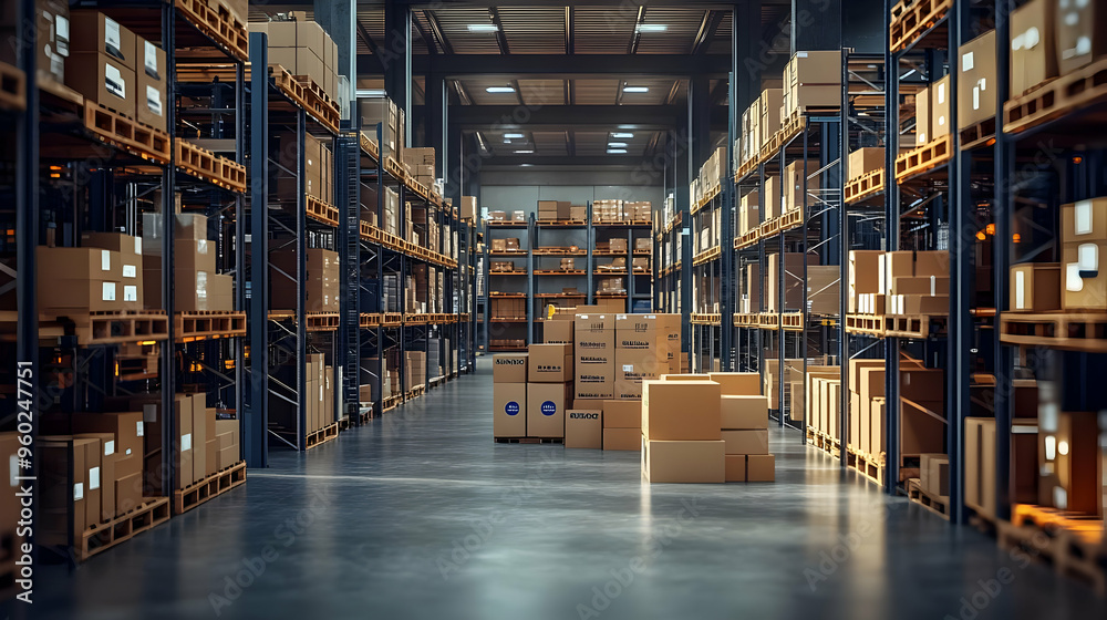 A spacious warehouse filled with neatly stacked cardboard boxes. A spacious warehouse filled with neatly stacked cardboard boxes.