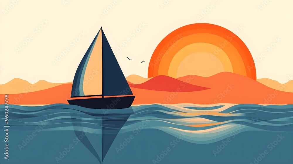 Naklejka premium Flat design of a sailboat at sunset with warm oranges and cool blues