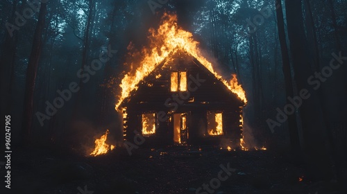 A wooden cabin in the forest burning fiercely at night, firelight casting eerie shadows, total destruction, insurance crisis in the making photo