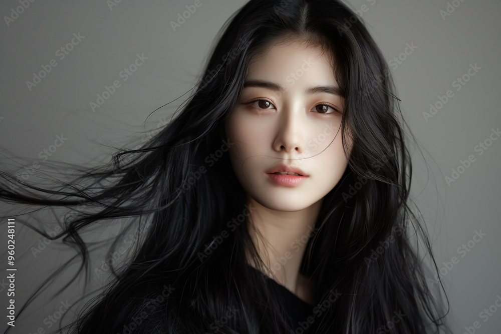 Beautiful woman with long dark hair, studio background Beautiful woman with long dark hair, studio background