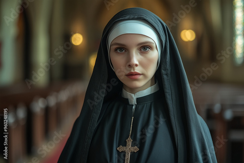 Portrait of a nun posing for a photo in a church