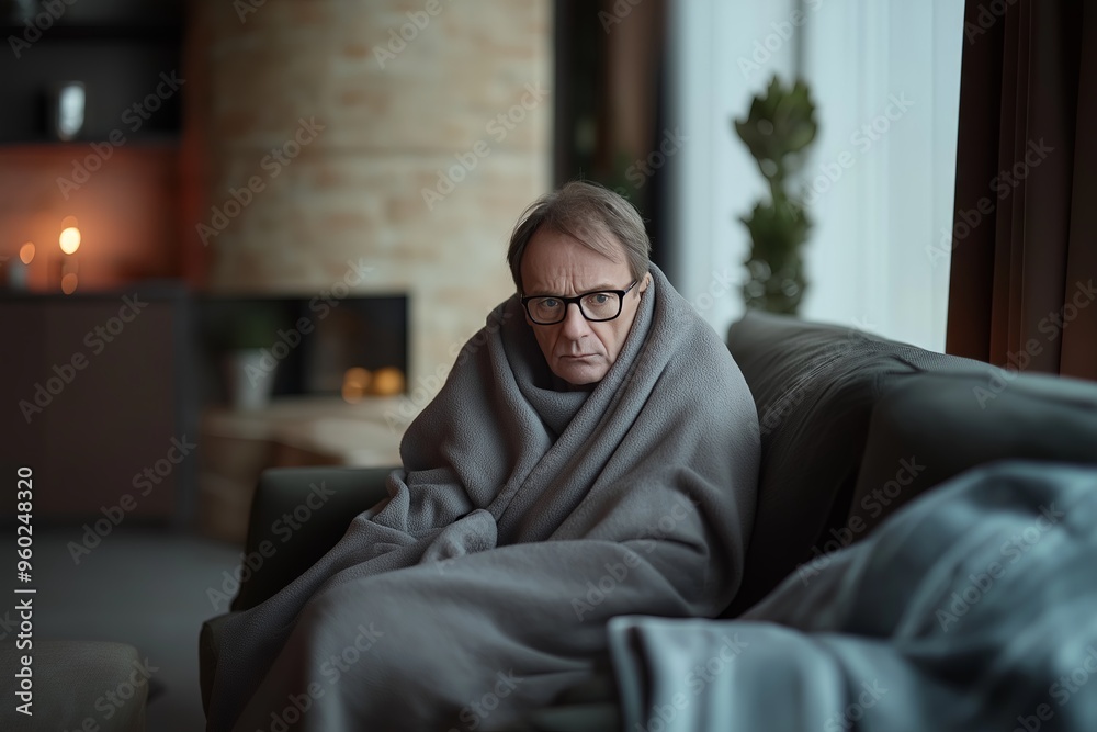 Elderly person sitting on a couch, wrapped in a blanket, feeling unwell with flu or cold symptoms at home.
Elderly person sitting on a couch, wrapped in a blanket, feeling unwell with flu or cold symptoms at home.