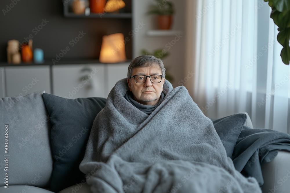 Older person wrapped in a blanket, feeling cold and unwell, suffering from flu or cold symptoms at home.
Older person wrapped in a blanket, feeling cold and unwell, suffering from flu or cold symptoms at home.