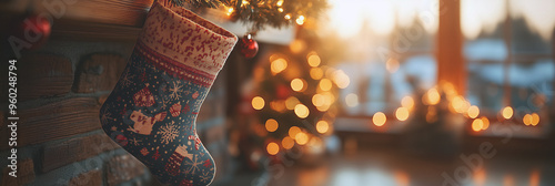 A serene Christmas moment: a stocking with a winter pattern hangs near a stone wall, with soft tree lights and a warm glow from the window capturing holiday tranquility.	