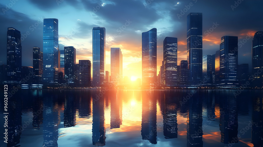 A stunning city skyline at sunset reflecting on water. A stunning city skyline at sunset reflecting on water.