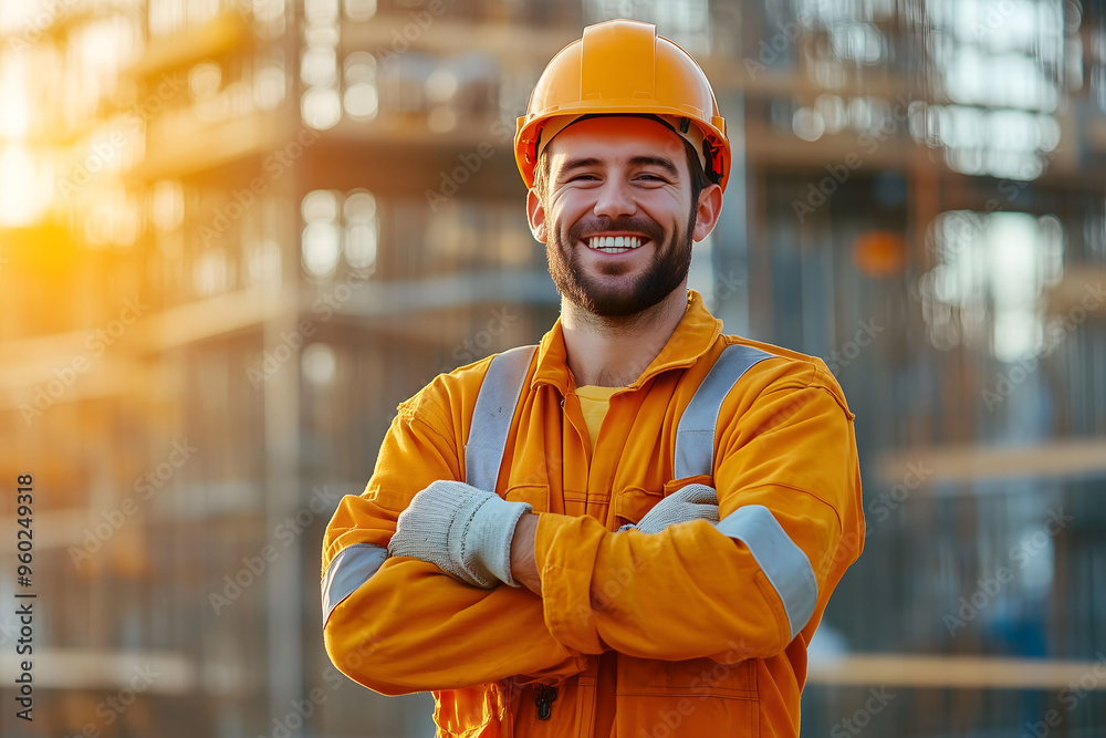 A construction worker stands with his arms crossed and looks happy. A construction worker stands with his arms crossed and looks happy.