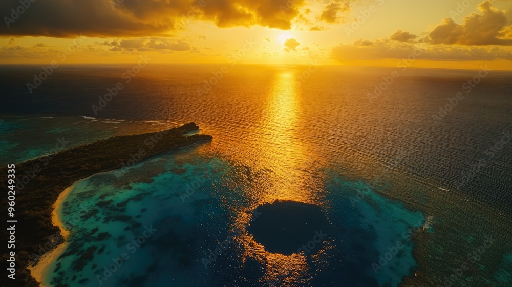 Aerial view of the Great Blue Hole during sunset, with the surrounding sea bathed in golden light. Aerial view of the Great Blue Hole during sunset, with the surrounding sea bathed in golden light.