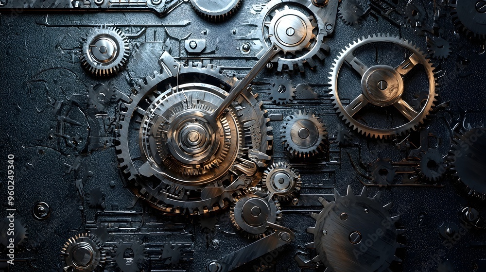 Intricate Silver-Plated Mechanical Gears on Dark Backdrop in Steampunk Style Intricate Silver-Plated Mechanical Gears on Dark Backdrop in Steampunk Style