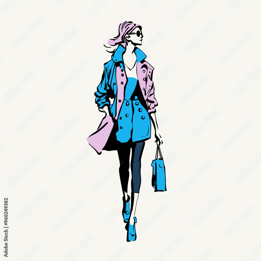 Stylish Fashion Model Walking in Trench Coat Vector Illustration Stylish Fashion Model Walking in Trench Coat Vector Illustration