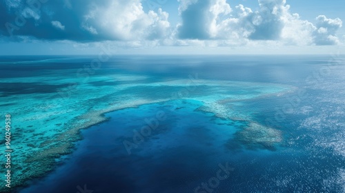 Aerial view of the Great Blue Hole surrounded by the Belize Barrier Reef and expansive ocean.