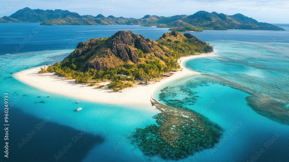 Aerial view of the Mamanuca Islands with turquoise waters and white sandy beaches. Aerial view of the Mamanuca Islands with turquoise waters and white sandy beaches.