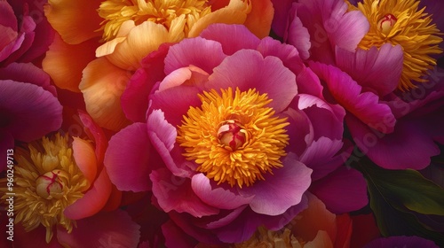 Close-up view of magenta and golden peony flowers in a garden, with lighting that brings out their rich colors and intricate details