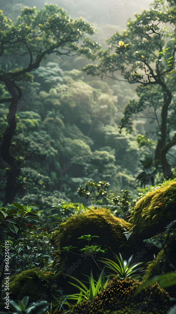 Tropical rainforest with trees and moss