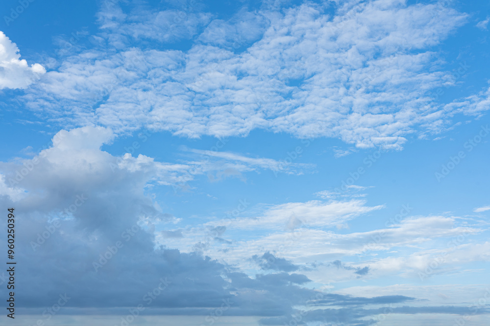 Fluffy white clouds drift across a clear blue sky, painting a beautiful summer day Fluffy white clouds drift across a clear blue sky, painting a beautiful summer day