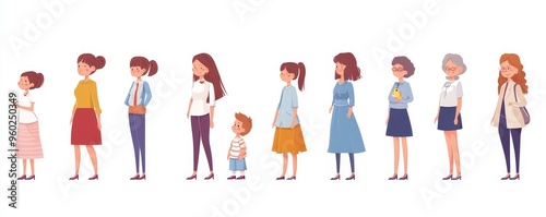 Woman life cycle flat  illustration. Female person aging stages, lady growth phases set. Girl growing up from newborn baby to senior adult cartoon character. Human lifespan, Generative AI photo