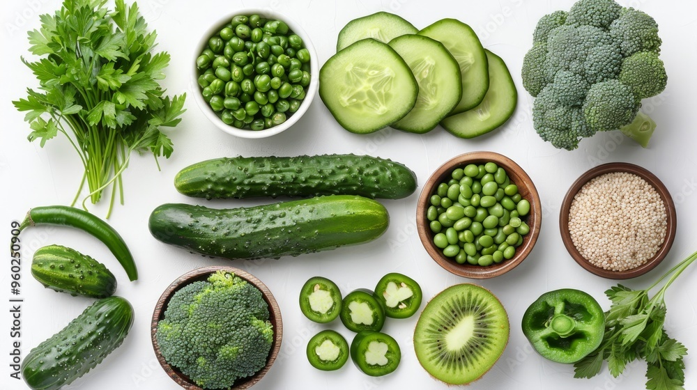 Green vegetables, fruits: peppers, cucumbers, beans, parsley, broccoli, kiwi isolated on white background Top view Flat lay Healthy eating concept Local organic farms food Green vegetables, fruits: peppers, cucumbers, beans, parsley, broccoli, kiwi isolated on white background Top view Flat lay Healthy eating concept Local organic farms food