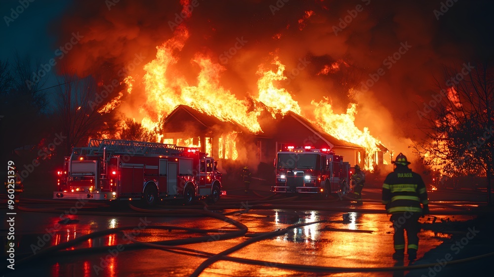 Suburban house fire at night, fire trucks and firefighters working ...