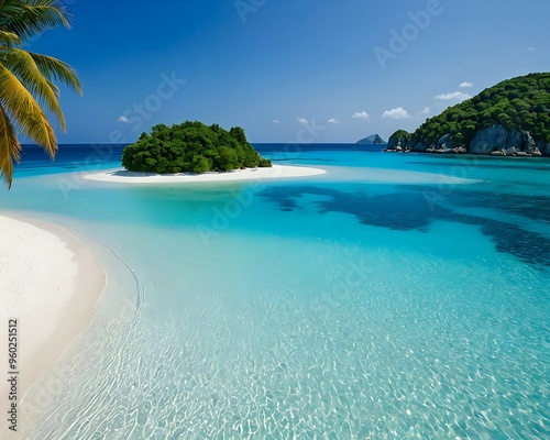 A small island is surrounded by crystal-clear blue waters, with fine white sand shimmering under the sunlight, resembling a natural paradise isolated from the outside world