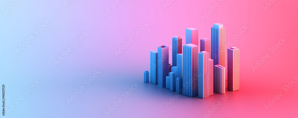 A vibrant 3D representation of abstract city skyline in blue and pink hues, ideal for modern designs and creative projects. A vibrant 3D representation of abstract city skyline in blue and pink hues, ideal for modern designs and creative projects.