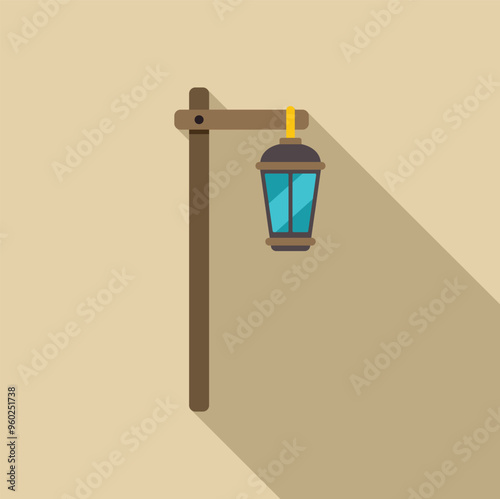 Vintage wooden street lamp post with a long shadow cast on a beige wall, illuminating the surroundings